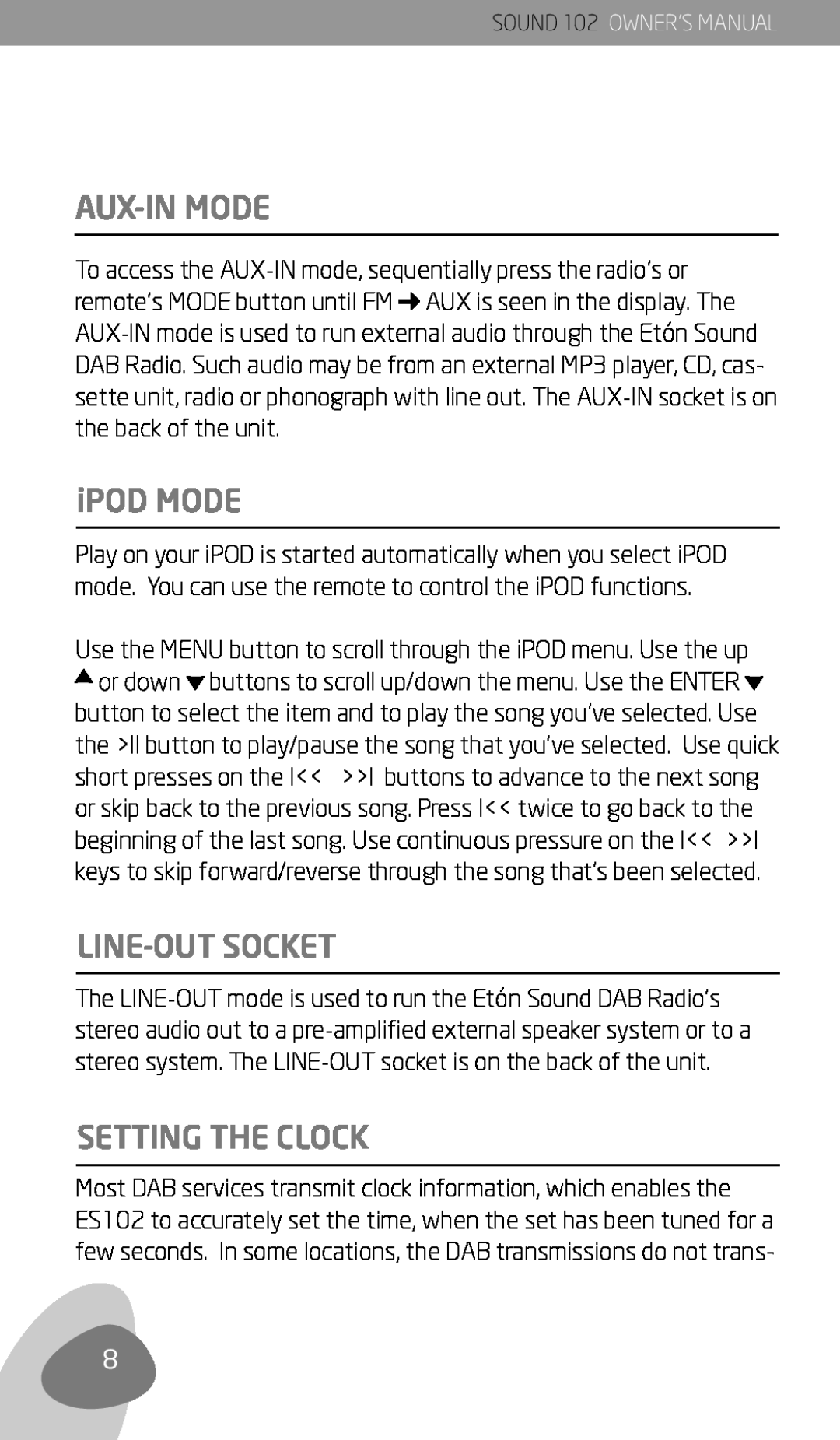 Eton 102 owner manual Aux-Inmode, iPOD MODE, Line-Outsocket, Setting The Clock 