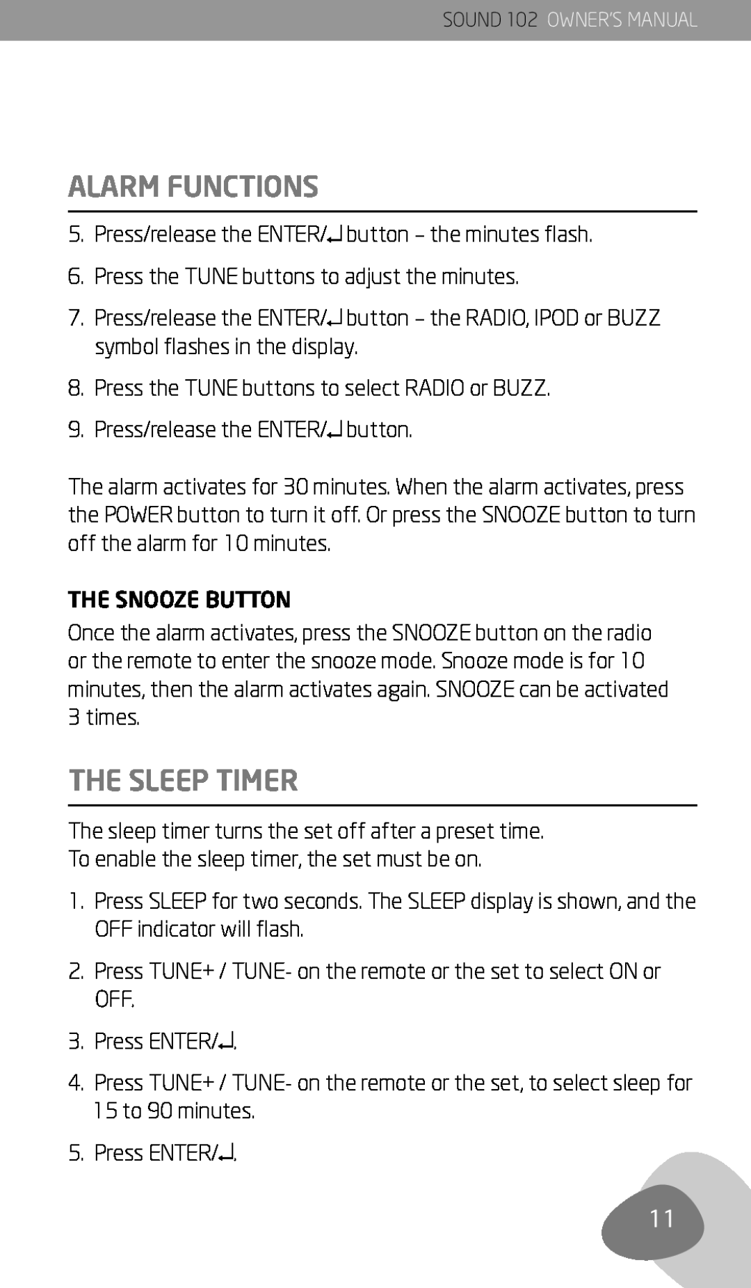 Eton 102 owner manual The Sleep Timer, Alarm Functions 