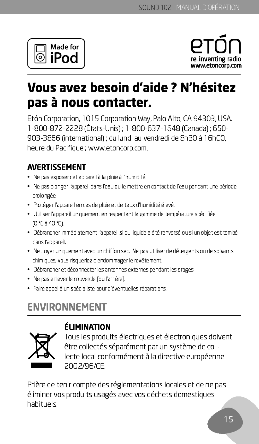 Eton owner manual Environnement, Avertissement, Élimination, SOUND 102 MANUAL D’OPÉRATION 