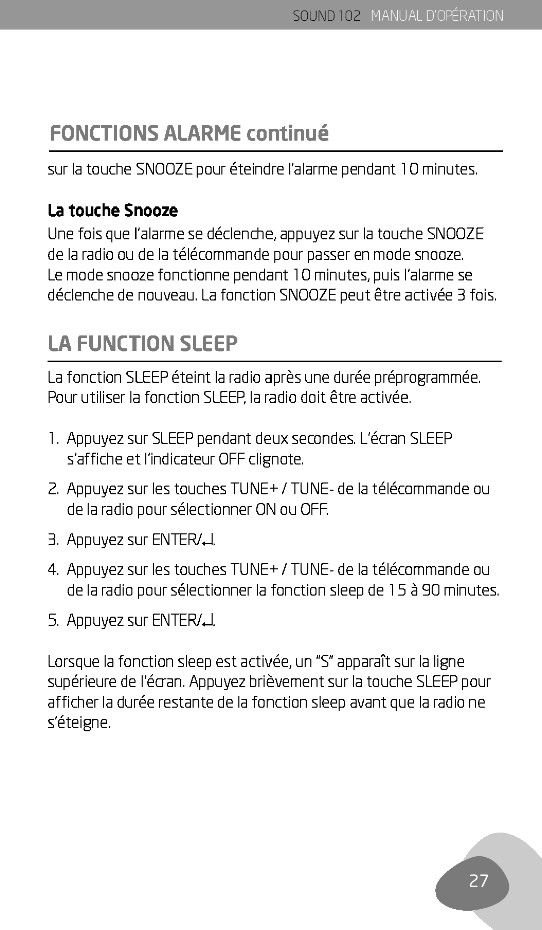 Eton 102 owner manual La Function Sleep, FONCTIONS ALARME continué, La touche Snooze, Appuyez sur ENTER 
