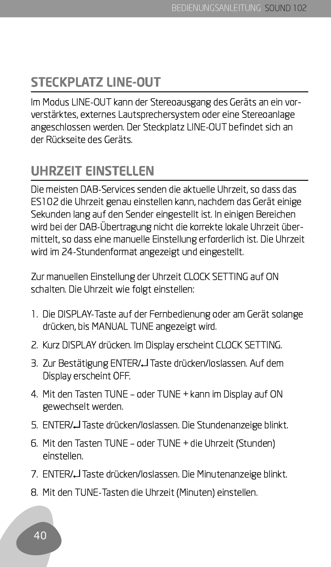Eton 102 owner manual Steckplatz LINE-OUT, Uhrzeit einstellen 