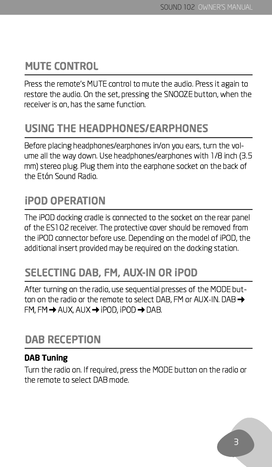 Eton 102 Mute Control, Using The Headphones/Earphones, iPOD OPERATION, SELECTING DAB, FM, AUX-INOR iPOD, Dab Reception 