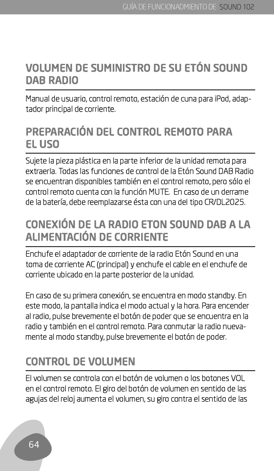 Eton 102 Volumen de suministro de su EtÓn Sound DAB Radio, Preparación del control remoto para el uso, Control de volumen 