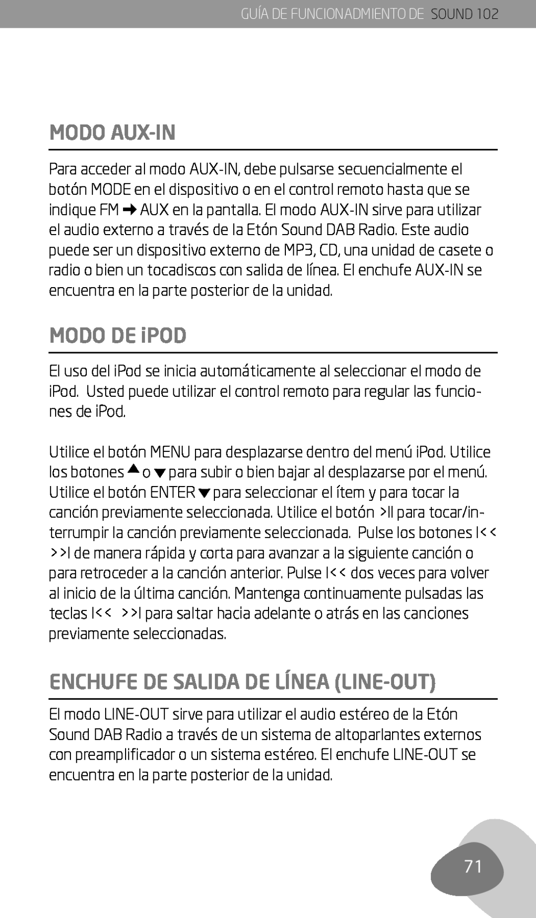 Eton 102 owner manual Modo AUX-IN, Modo de iPod, Enchufe de salida de línea LINE-OUT 