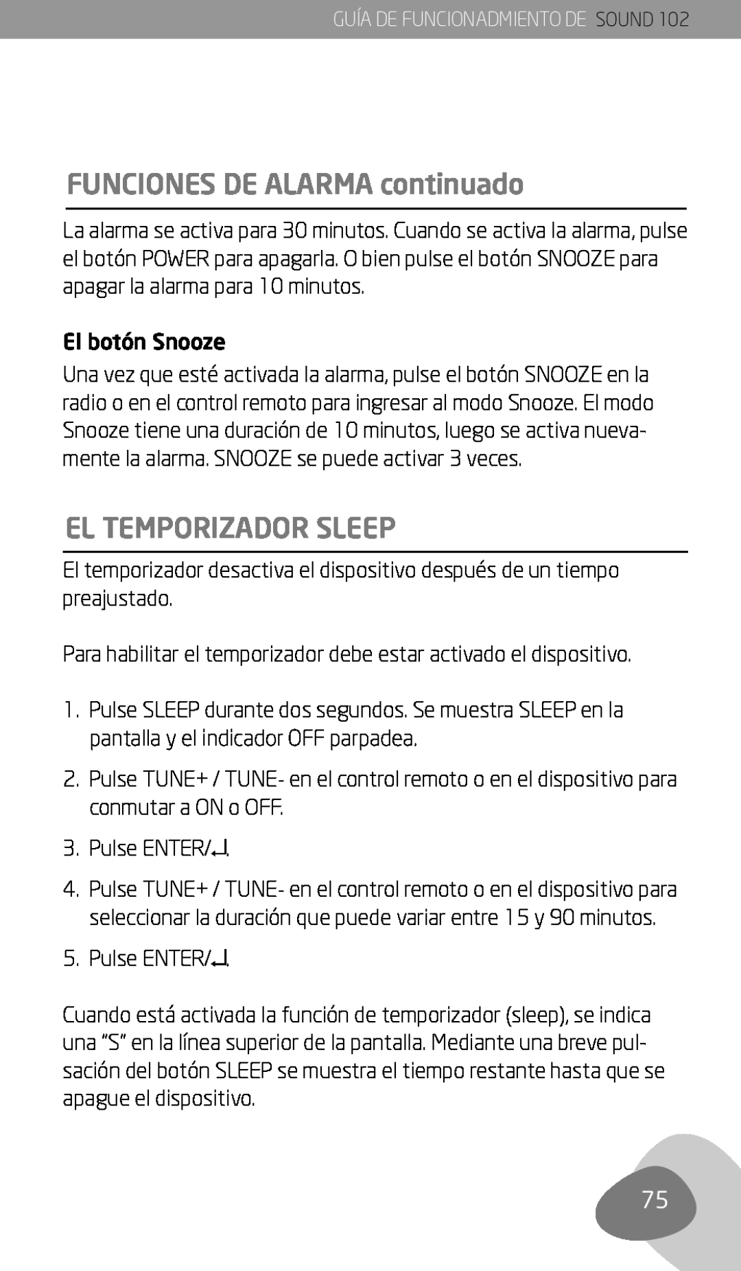 Eton 102 owner manual El temporizador SLEEP, Funciones de alarma continuado 