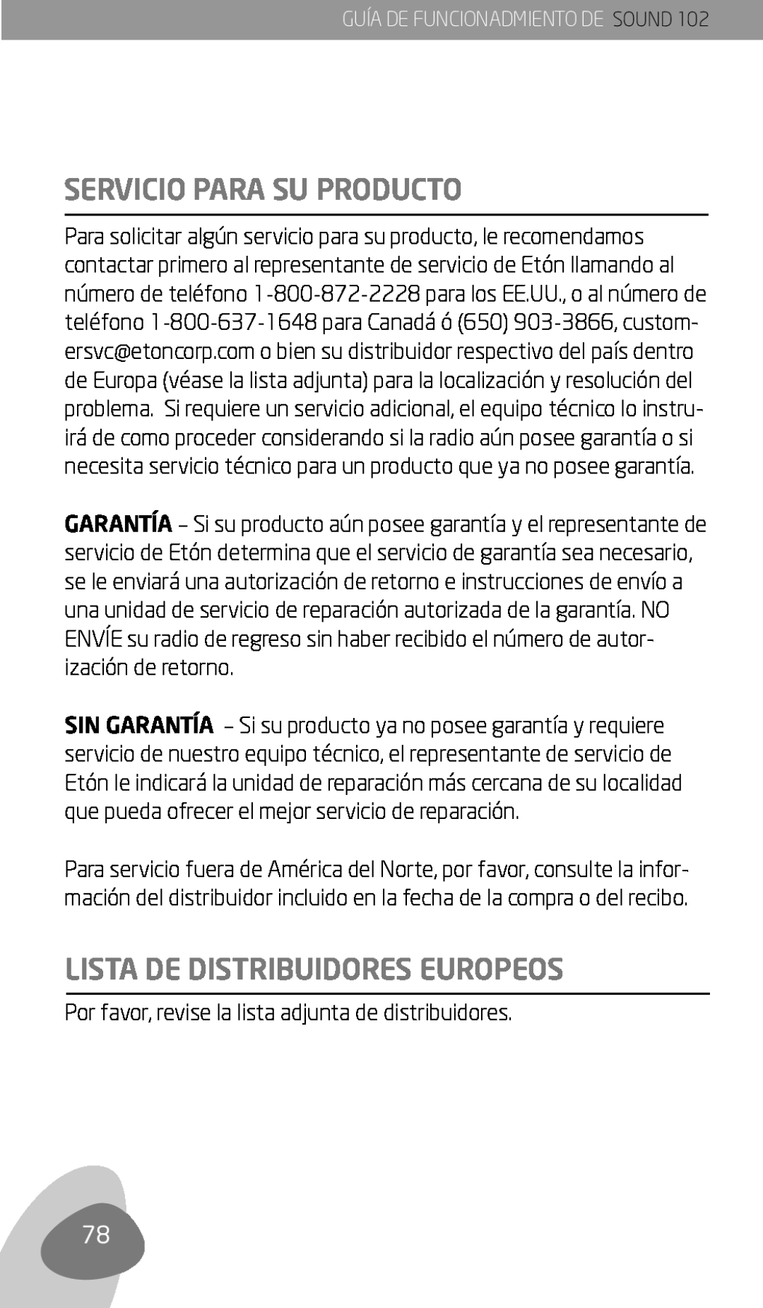 Eton 102 owner manual Servicio Para Su Producto, Lista De Distribuidores Europeos 