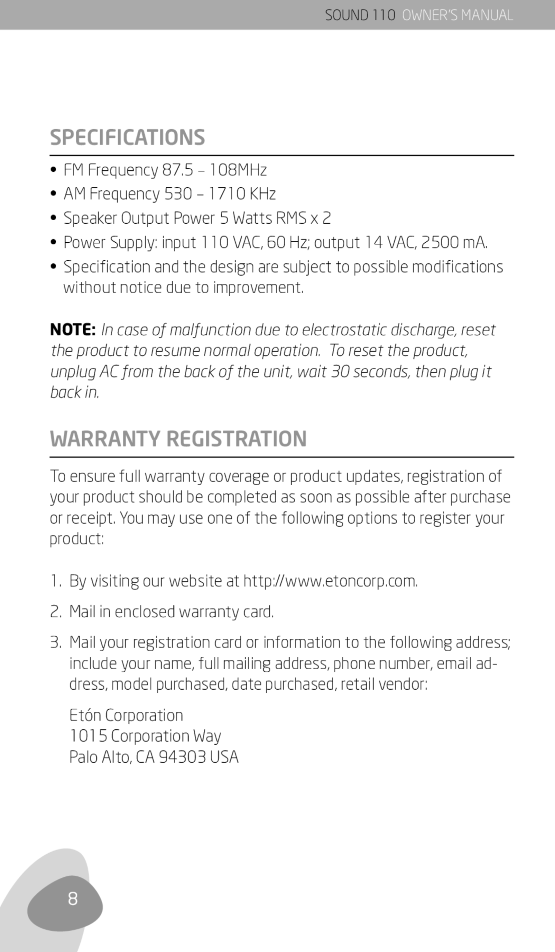 Eton 110 owner manual Specifications, Warranty Registration, Etón Corporation 