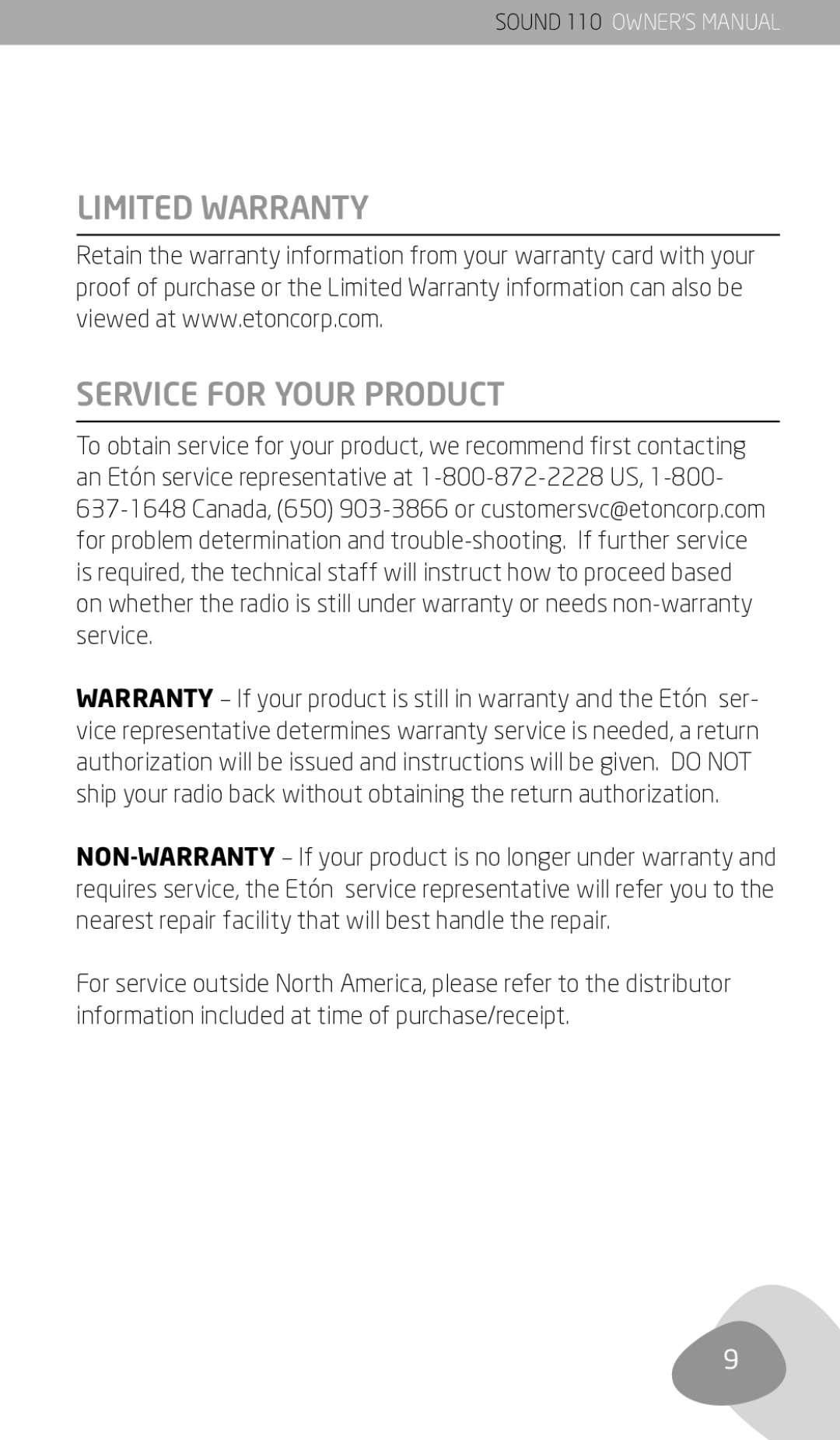 Eton 110 owner manual Limited Warranty Service for Your Product 