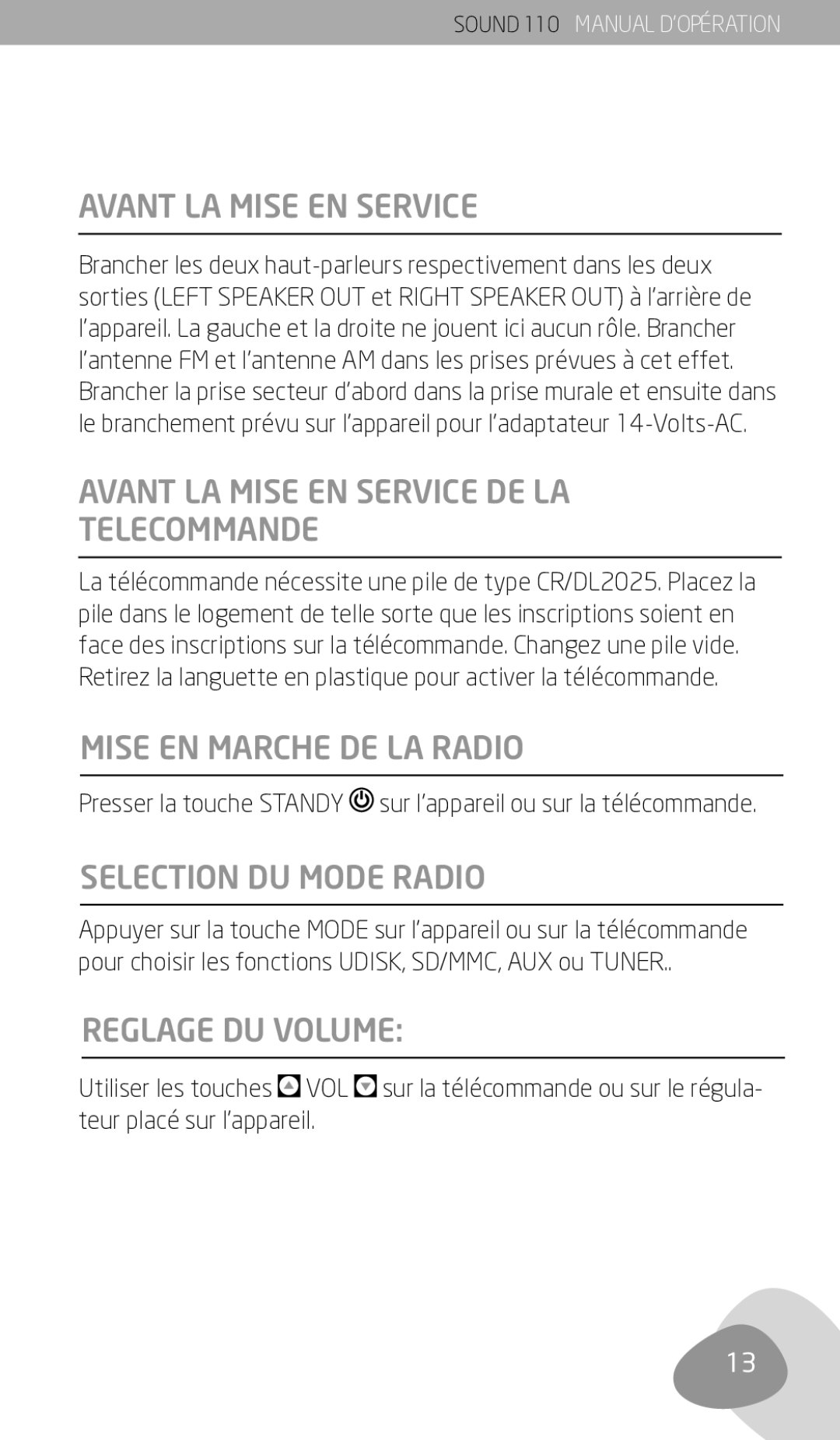 Eton 110 owner manual Avant LA Mise EN Service DE LA Telecommande, Mise EN Marche DE LA Radio, Selection DU Mode Radio 