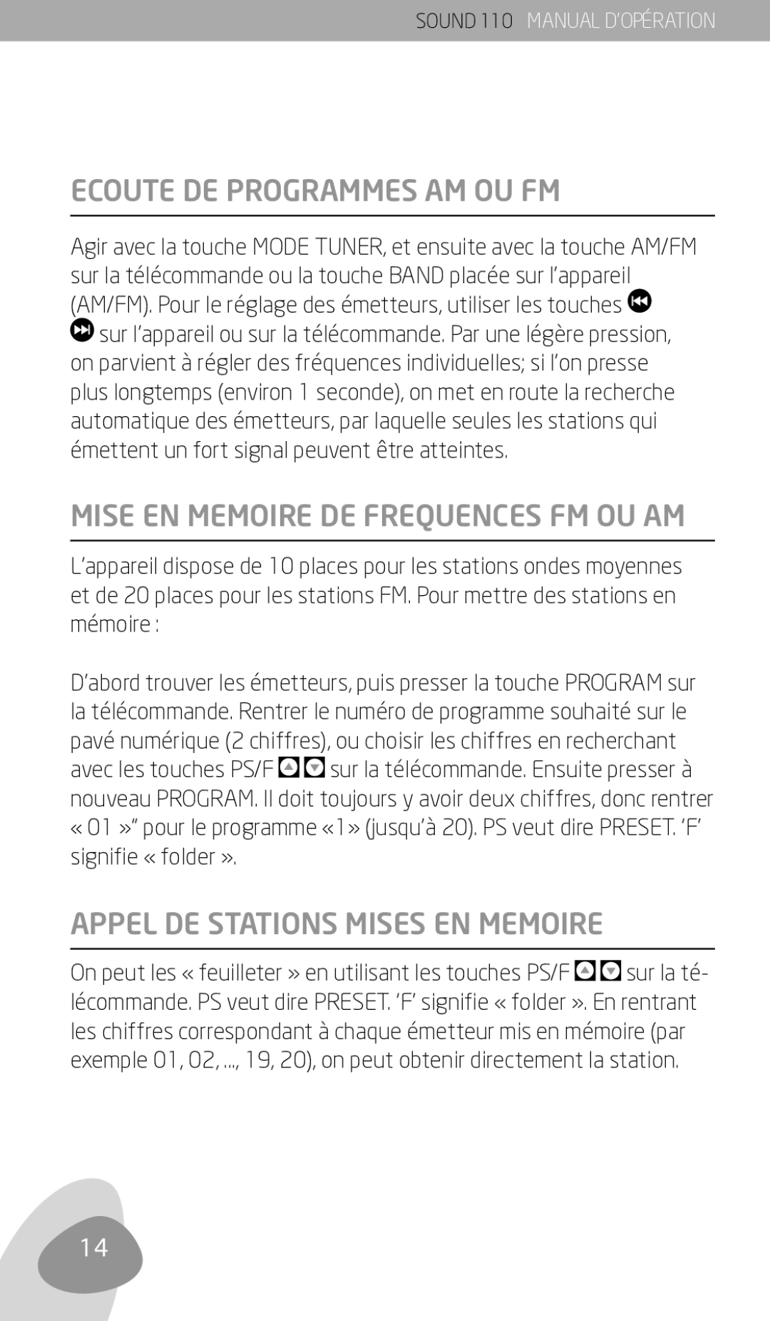 Eton 110 owner manual Ecoute DE Programmes AM OU FM, Appel DE Stations Mises EN Memoire 