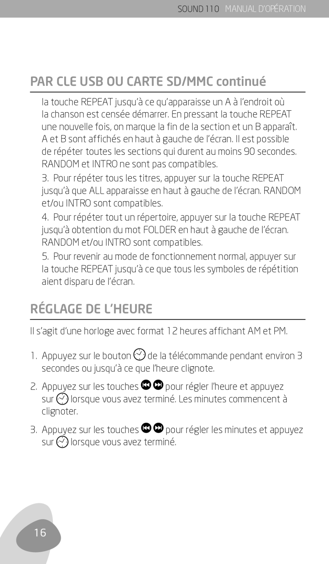 Eton 110 owner manual PAR CLE USB OU Carte SD/MMC continué, Réglage DE L’HEURE 