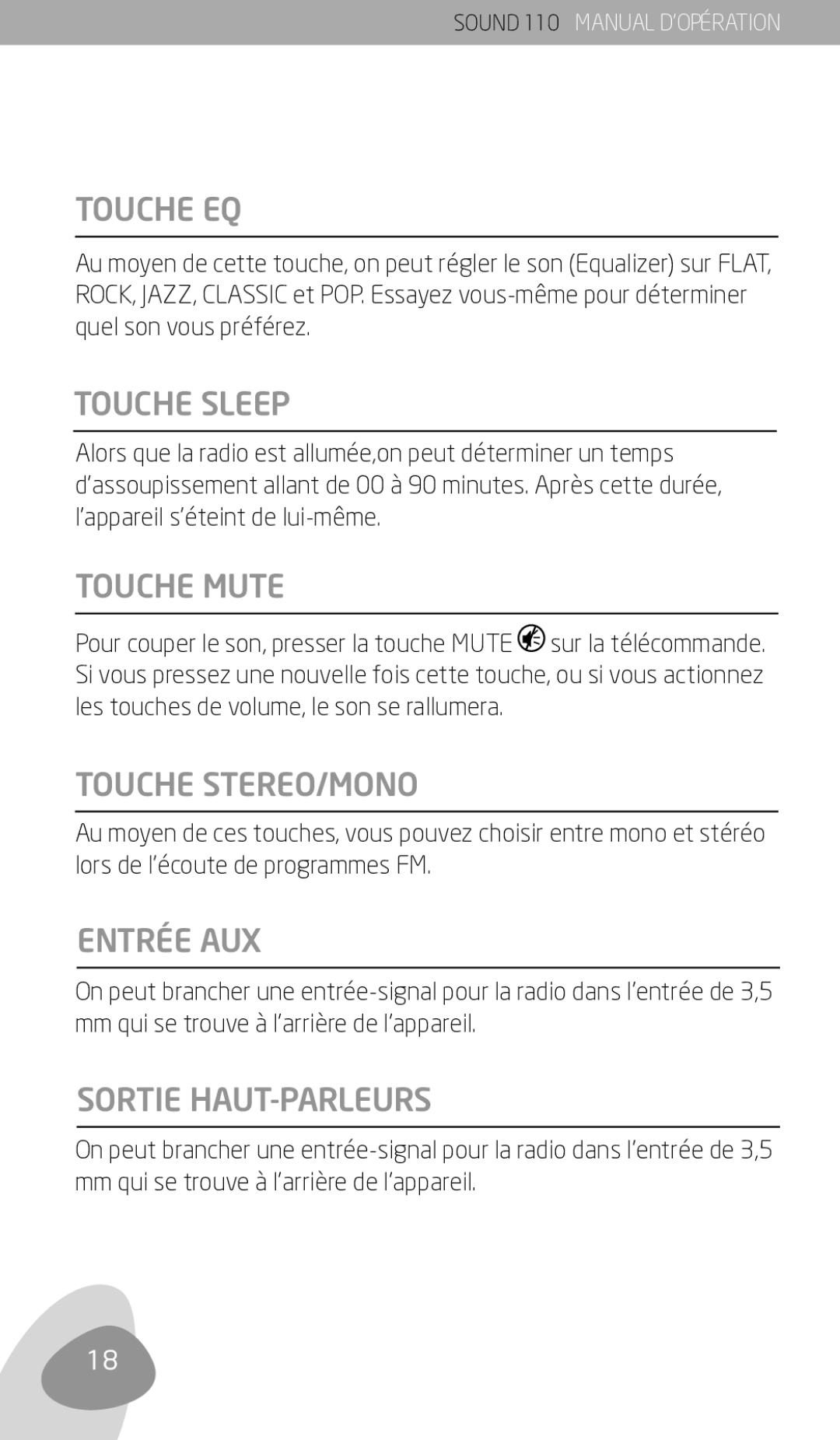 Eton 110 owner manual Touche EQ, Touche Sleep, Touche Mute, Touche STEREO/MONO, Entrée AUX, Sortie HAUT-PARLEURS 