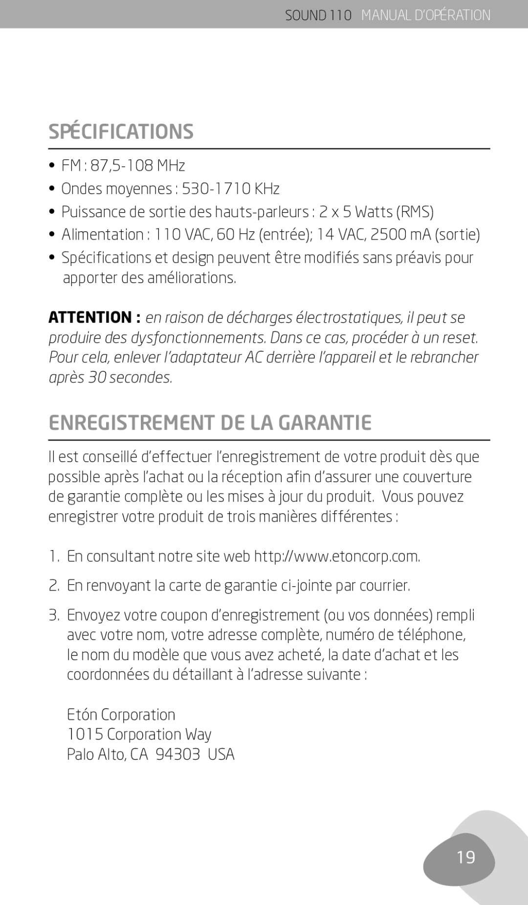 Eton 110 Spécifications, Enregistrement DE LA Garantie, En renvoyant la carte de garantie ci-jointe par courrier 