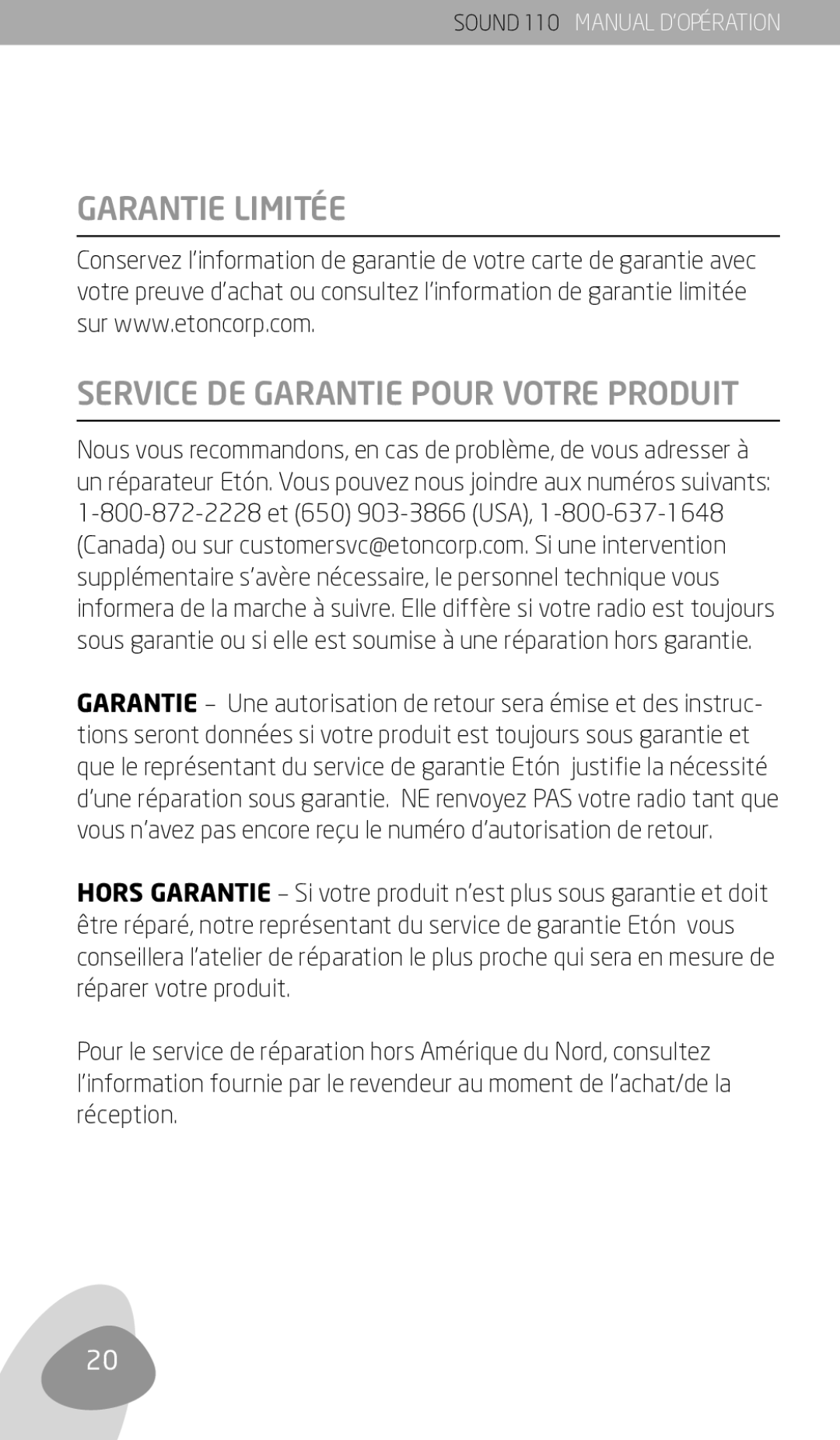 Eton 110 owner manual Garantie Limitée Service DE Garantie Pour Votre Produit 