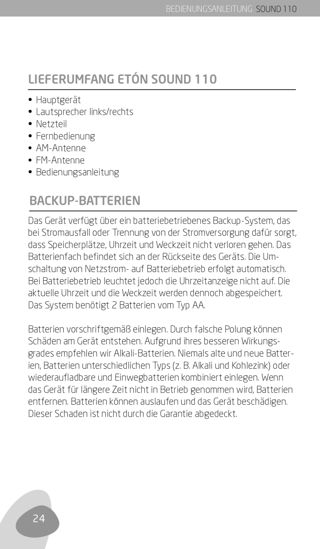 Eton 110 owner manual Lieferumfang Etón Sound, Backup-Batterien 