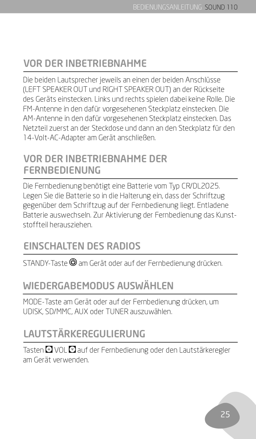 Eton 110 owner manual VOR DER Inbetriebnahme DER Fernbedienung, Einschalten DES Radios, Wiedergabemodus Auswählen 