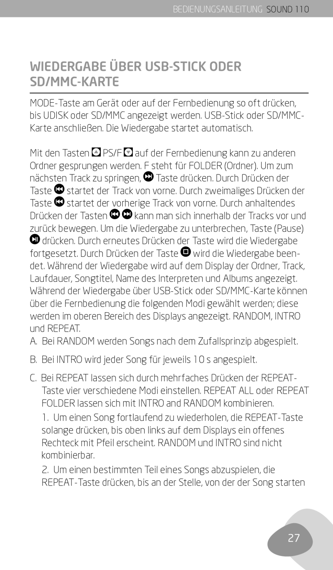 Eton 110 Wiedergabe Über USB-STICK Oder SD/MMC-KARTE, Und Repeat, Bei Intro wird jeder Song für jeweils 10 s angespielt 