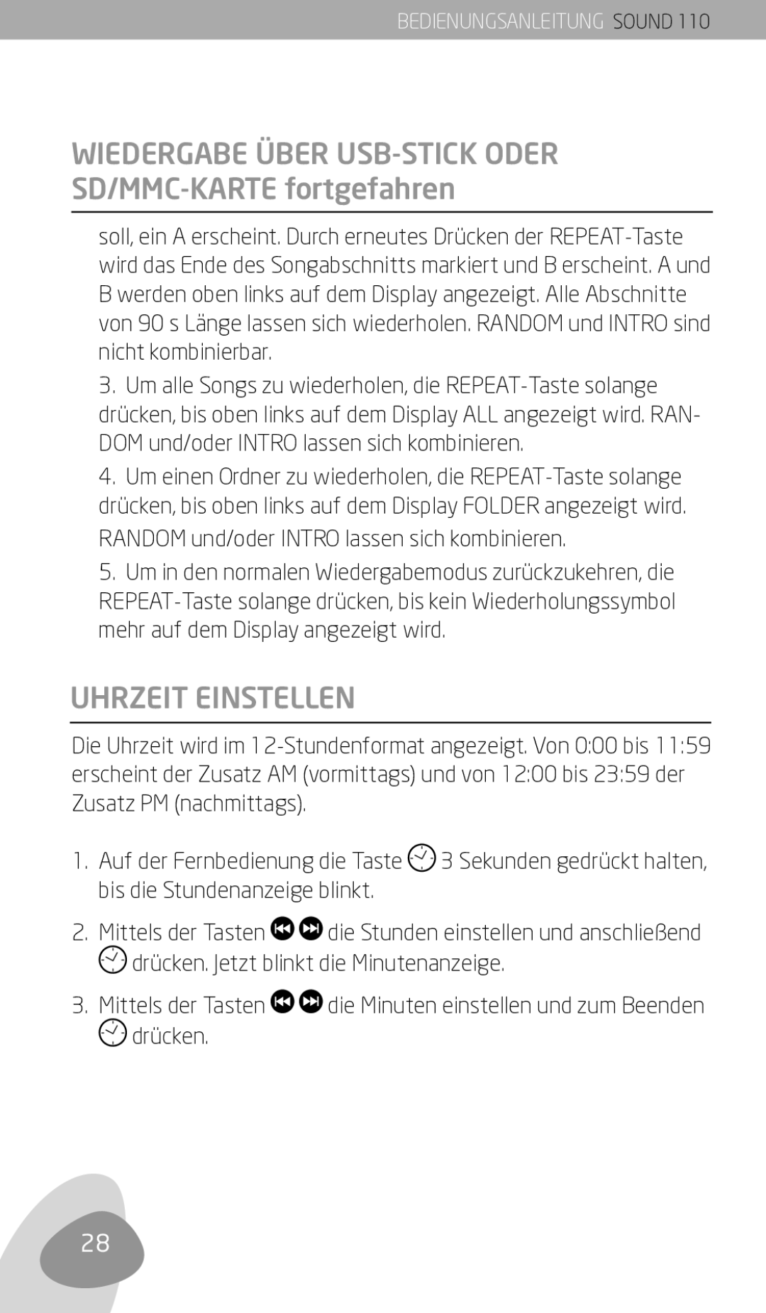 Eton 110 owner manual Wiedergabe Über USB-STICK Oder SD/MMC-KARTE fortgefahren, Uhrzeit Einstellen 