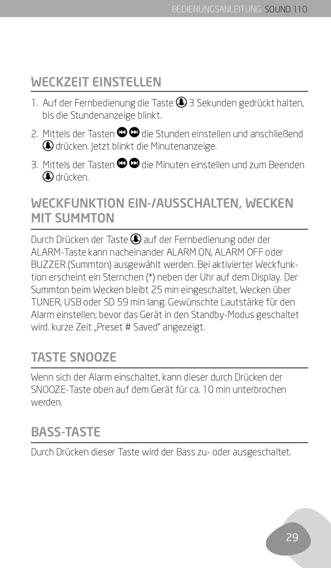 Eton 110 owner manual Weckzeit Einstellen, Weckfunktion EIN-/AUSSCHALTEN, Wecken MIT Summton, Taste Snooze, Bass-Taste 