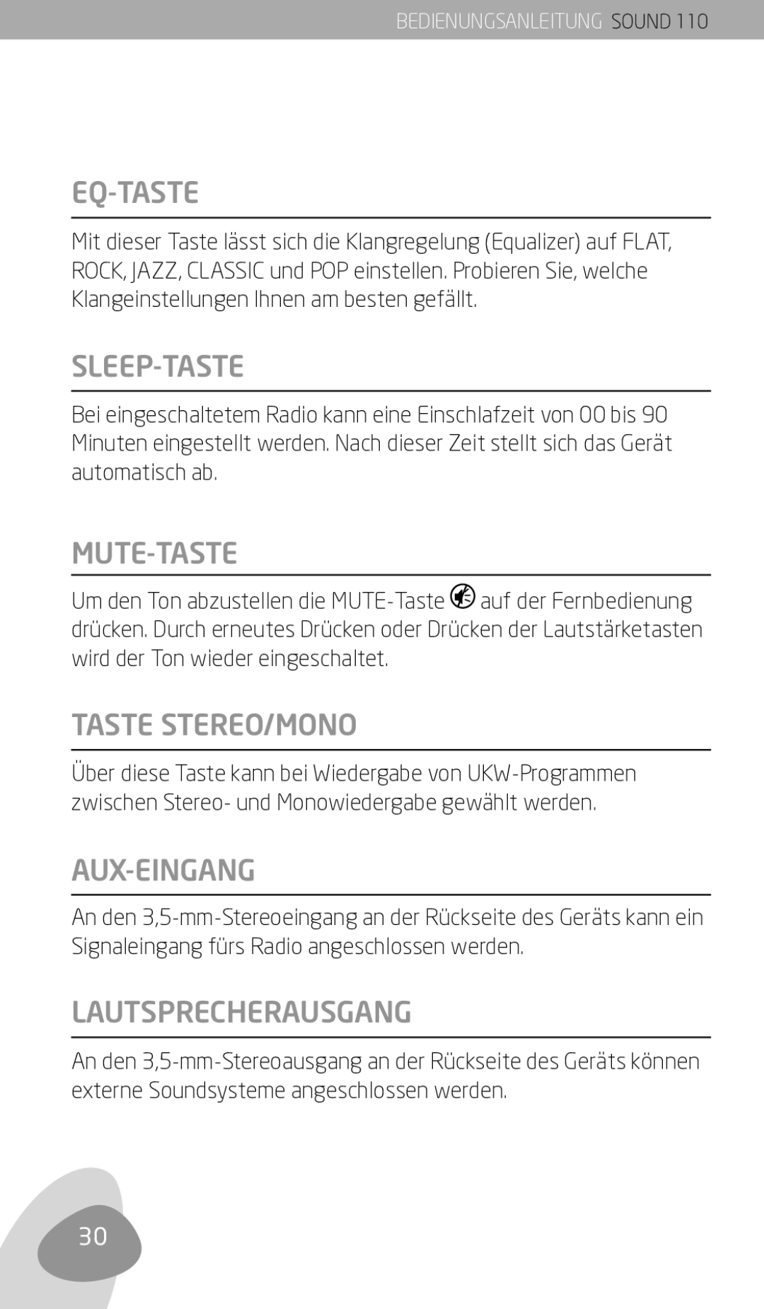 Eton 110 owner manual Eq-Taste, Sleep-Taste, Mute-Taste, Taste STEREO/MONO, Aux-Eingang, Lautsprecherausgang 