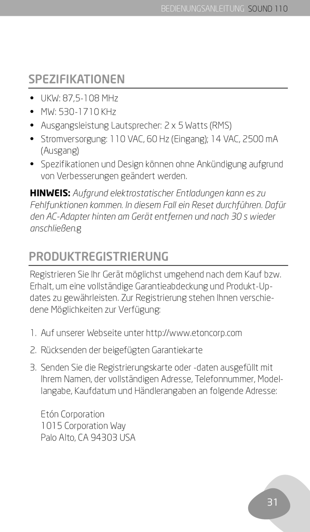 Eton 110 owner manual Spezifikationen, Produktregistrierung, Rücksenden der beigefügten Garantiekarte 