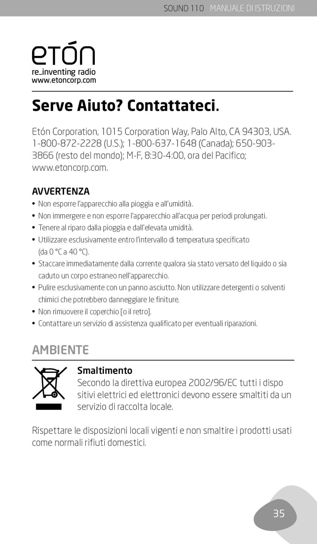 Eton 110 owner manual Serve Aiuto? Contattateci, Ambiente 