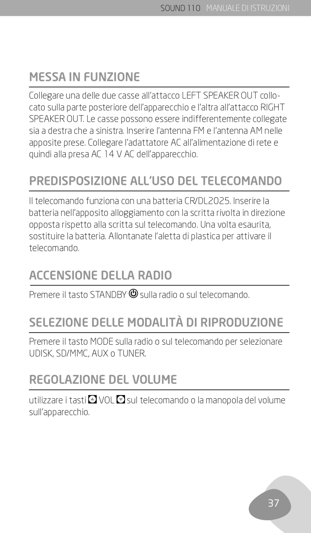 Eton 110 Messa in Funzione, Accensione Della Radio, Selezione Delle Modalità DI Riproduzione, Regolazione DEL Volume 