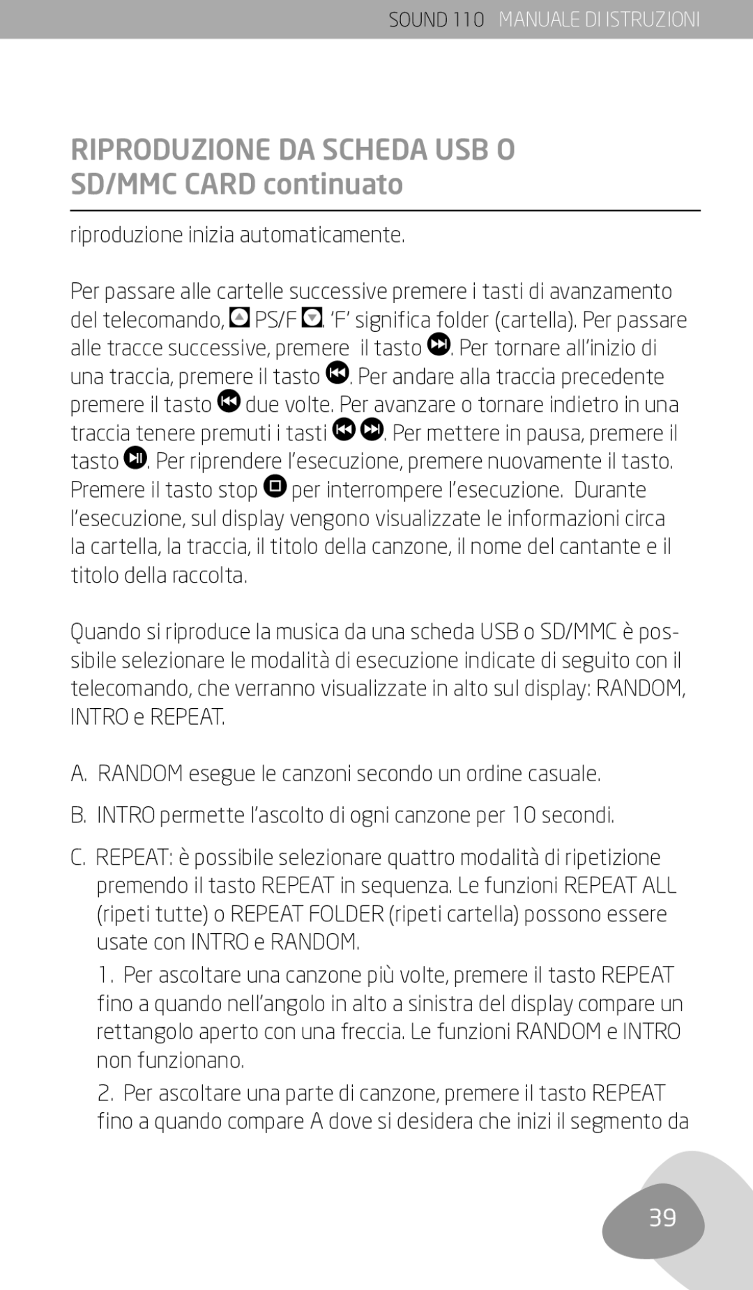 Eton 110 owner manual Riproduzione DA Scheda USB O, SD/MMC Card continuato, Riproduzione inizia automaticamente 