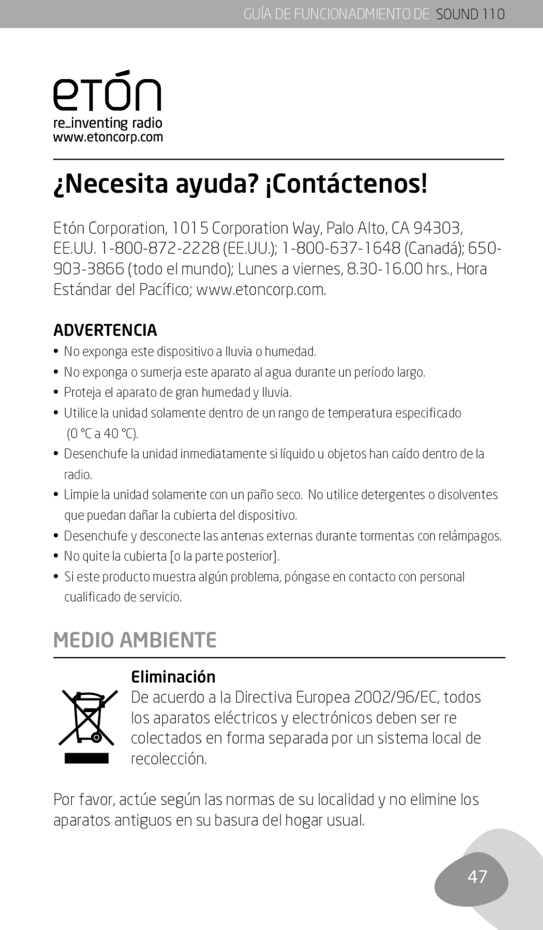 Eton 110 owner manual ¿Necesita ayuda? ¡Contáctenos, Medio Ambiente 