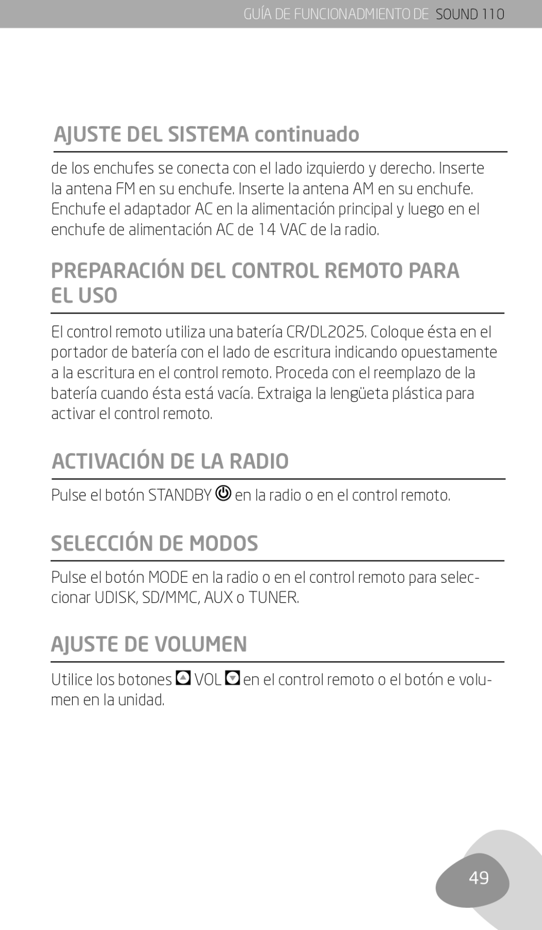 Eton 110 owner manual Ajuste DEL Sistema continuado, Preparación DEL Control Remoto Para EL USO, Activación DE LA Radio 