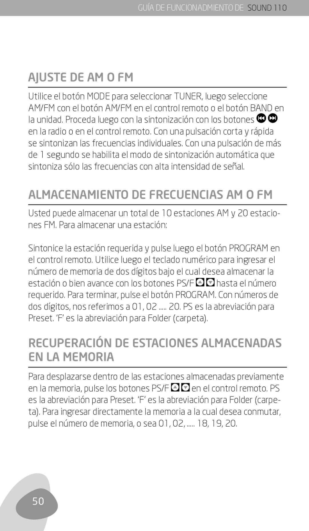 Eton 110 Ajuste DE AM O FM, Almacenamiento DE Frecuencias AM O FM, Recuperación DE Estaciones Almacenadas EN LA Memoria 