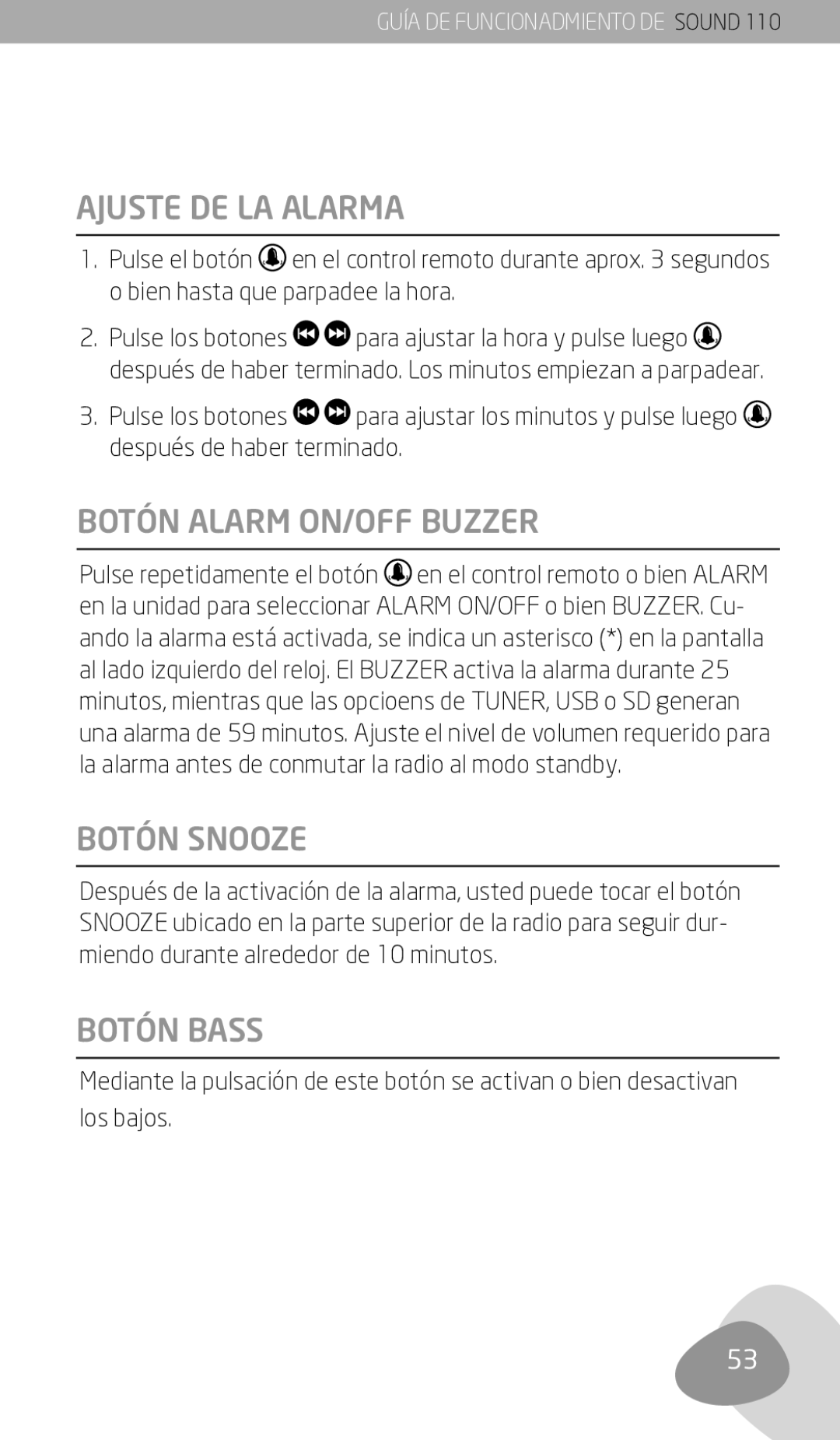 Eton 110 owner manual Ajuste DE LA Alarma, Botón Alarm ON/OFF Buzzer, Botón Snooze, Botón Bass 