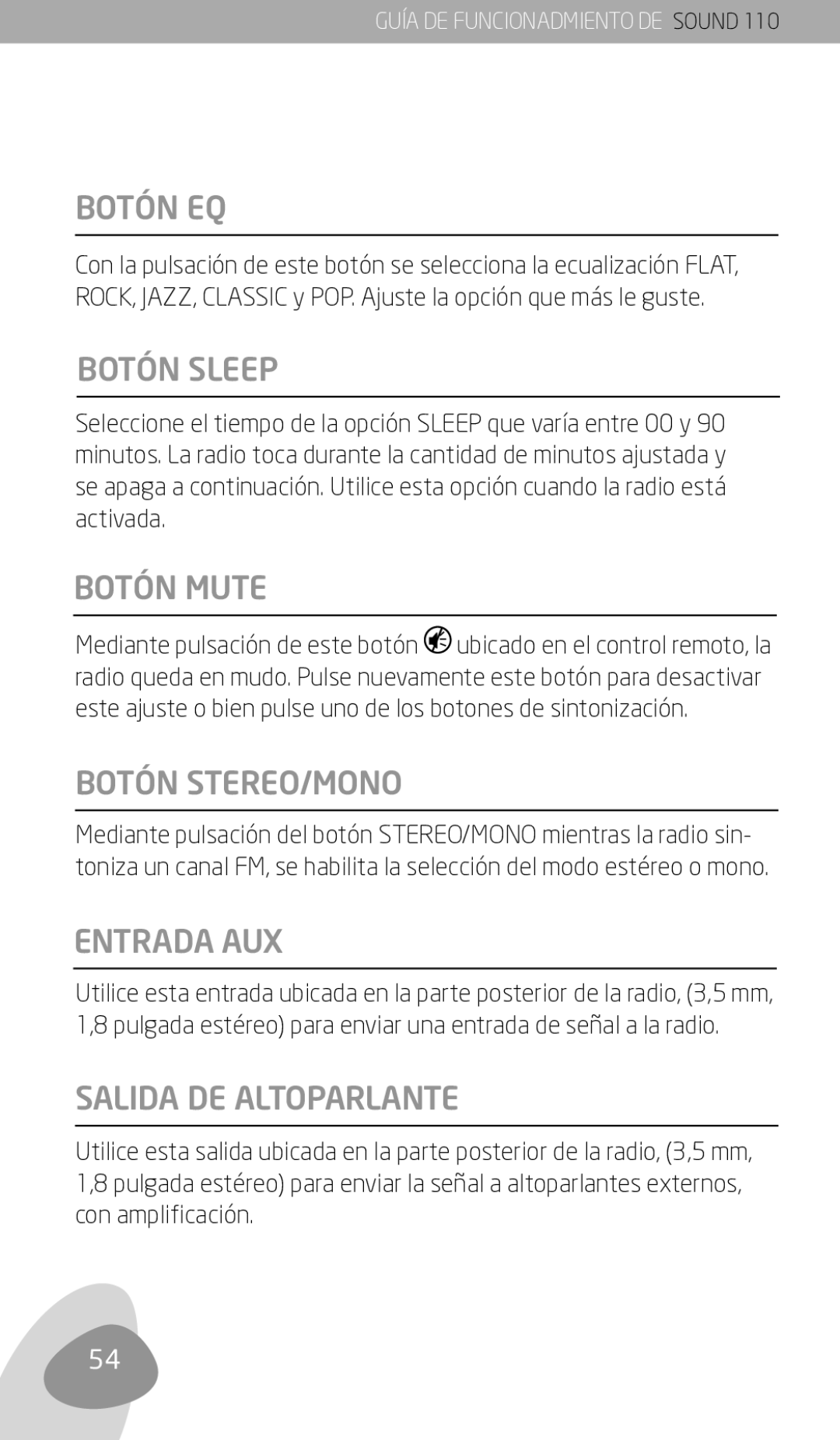 Eton 110 owner manual Botón EQ, Botón Sleep, Botón Mute, Botón STEREO/MONO, Entrada AUX, Salida DE Altoparlante 