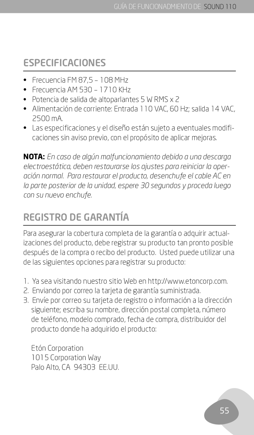 Eton 110 owner manual Especificaciones, Registro DE Garantía, Enviando por correo la tarjeta de garantía suministrada 