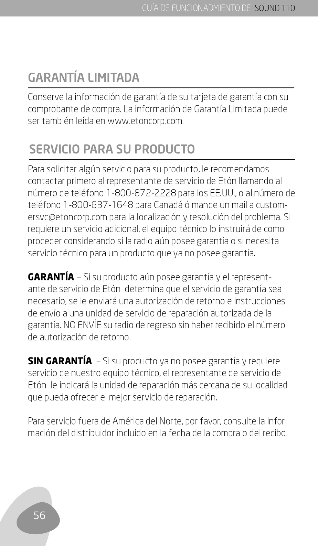 Eton 110 owner manual Garantía Limitada Servicio Para SU Producto 