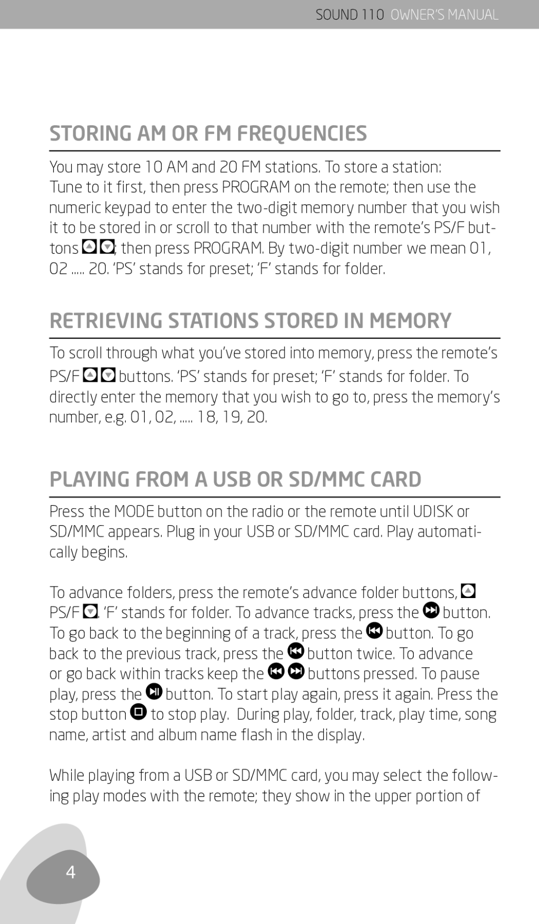 Eton 110 owner manual Storing AM or FM Frequencies, Retrieving Stations Stored in Memory, Playing from a USB or SD/MMC Card 