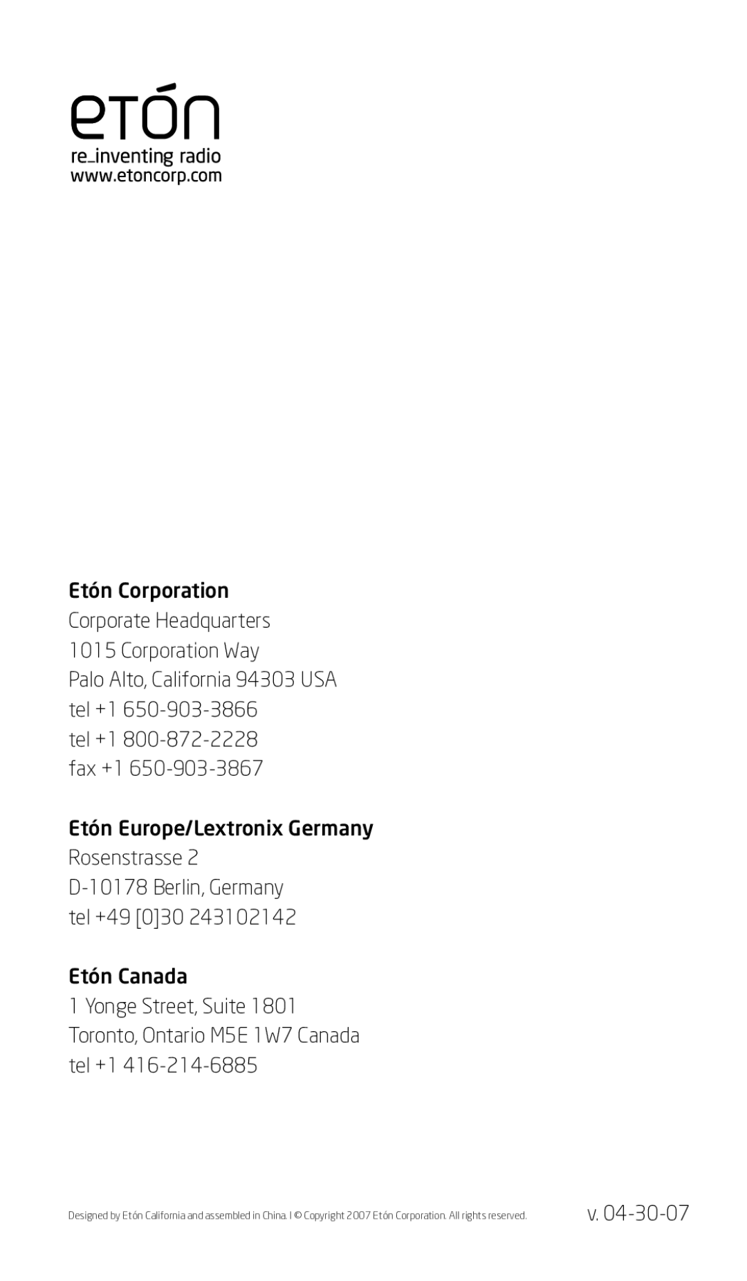 Eton 110 owner manual Etón Corporation Corporate Headquarters 1015 Corporation Way 