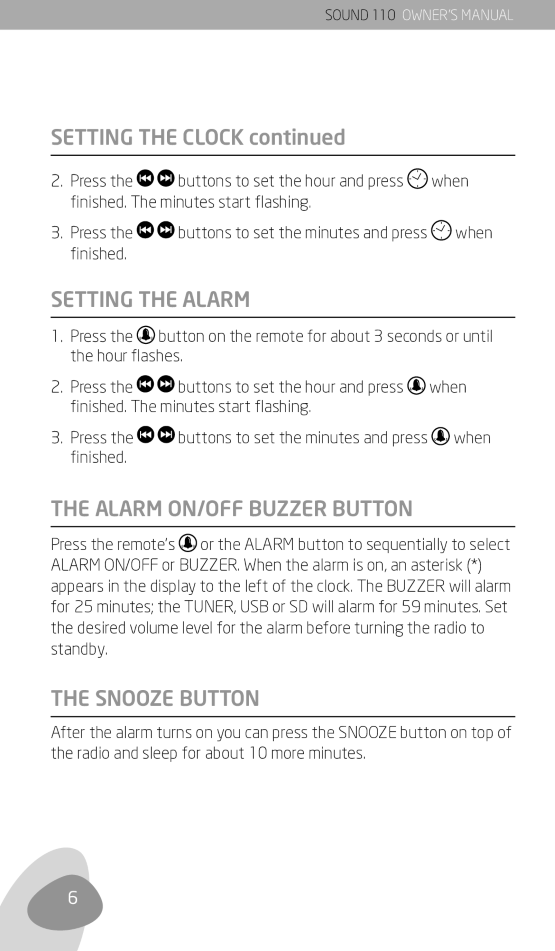 Eton 110 owner manual Setting the Clock, Setting the Alarm, Alarm ON/OFF Buzzer Button, Snooze Button 