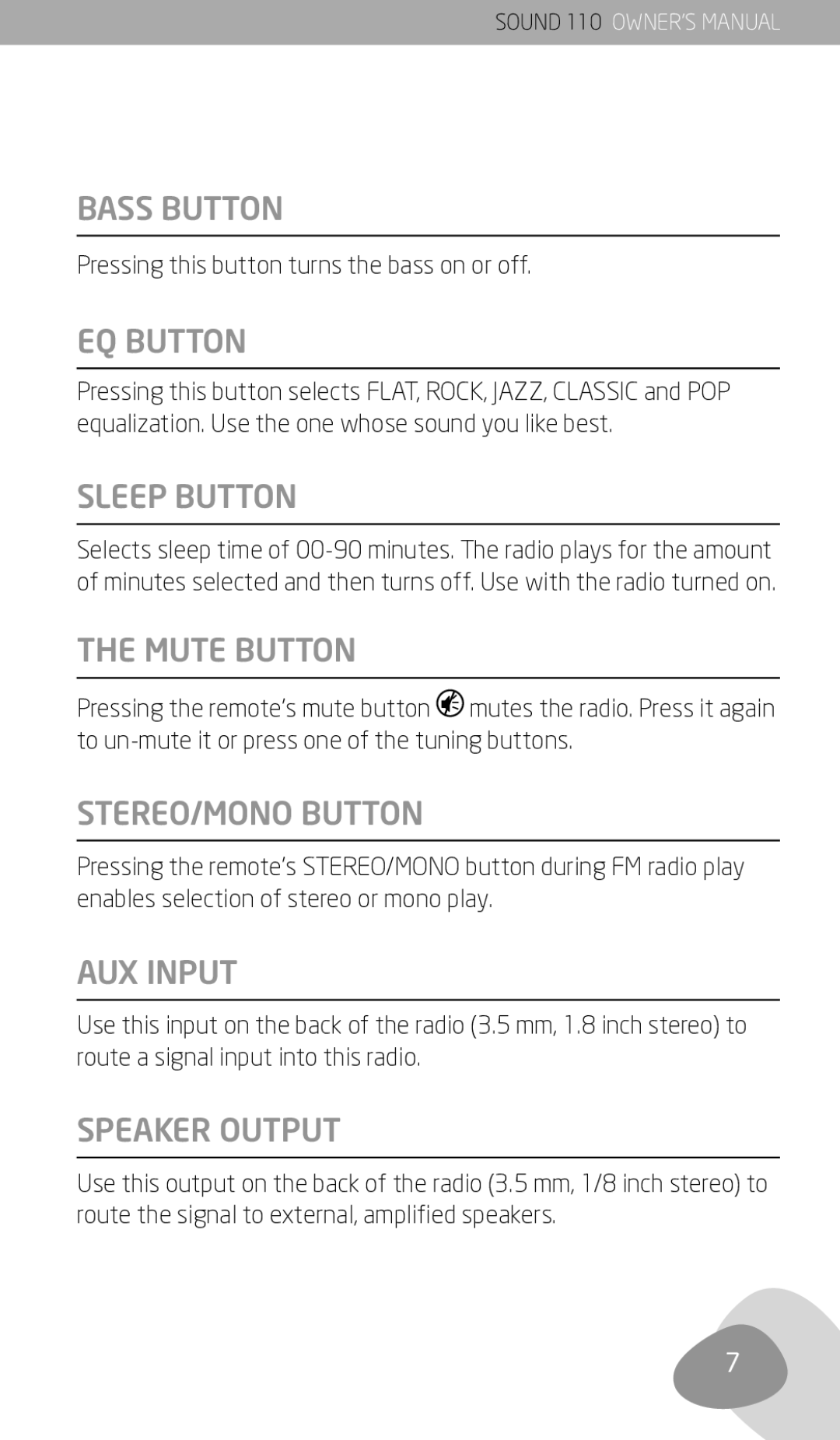 Eton 110 owner manual Bass Button, EQ Button, Sleep Button, Mute Button, STEREO/MONO Button, AUX Input, Speaker Output 