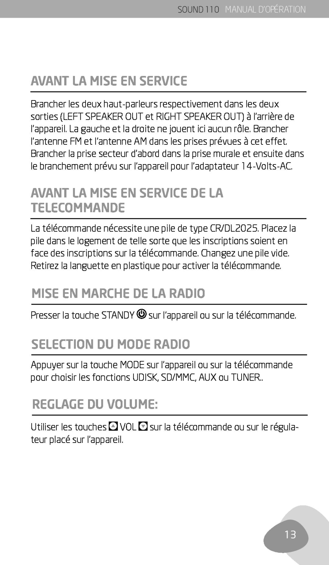Eton 110 owner manual Avant La Mise En Service De La Telecommande, Mise En Marche De La Radio, Selection Du Mode Radio 