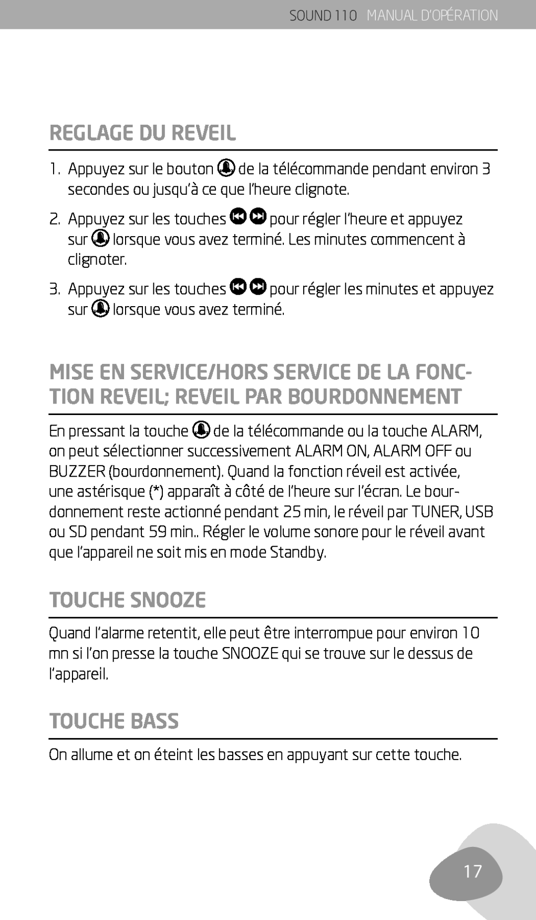 Eton 110 owner manual Reglage Du Reveil, Touche Snooze, Touche Bass 