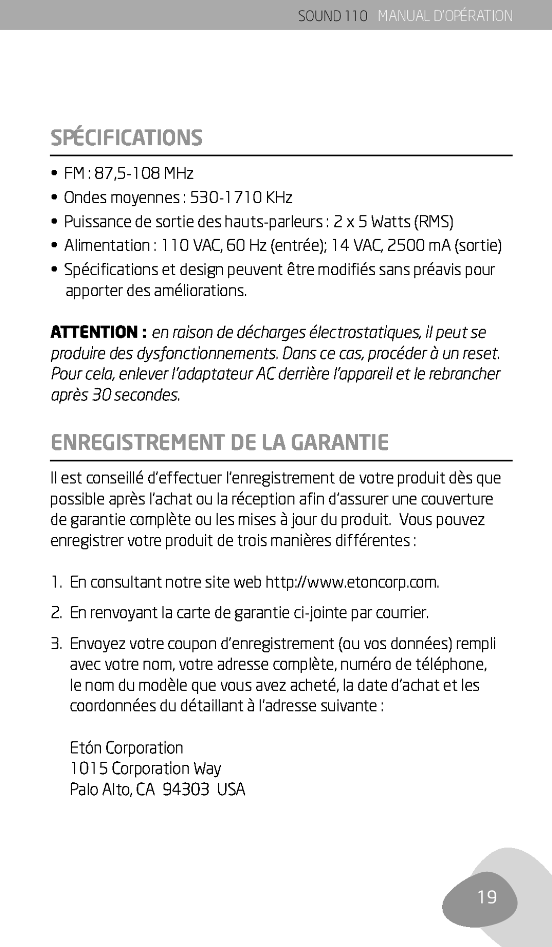 Eton 110 owner manual Spécifications, Enregistrement De La Garantie 
