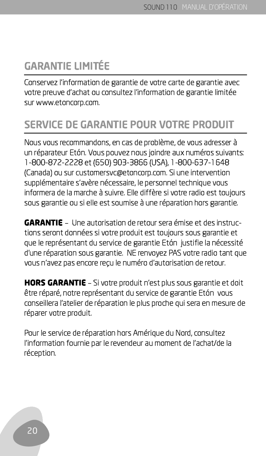 Eton 110 owner manual Garantie Limitée, Service De Garantie Pour Votre Produit 