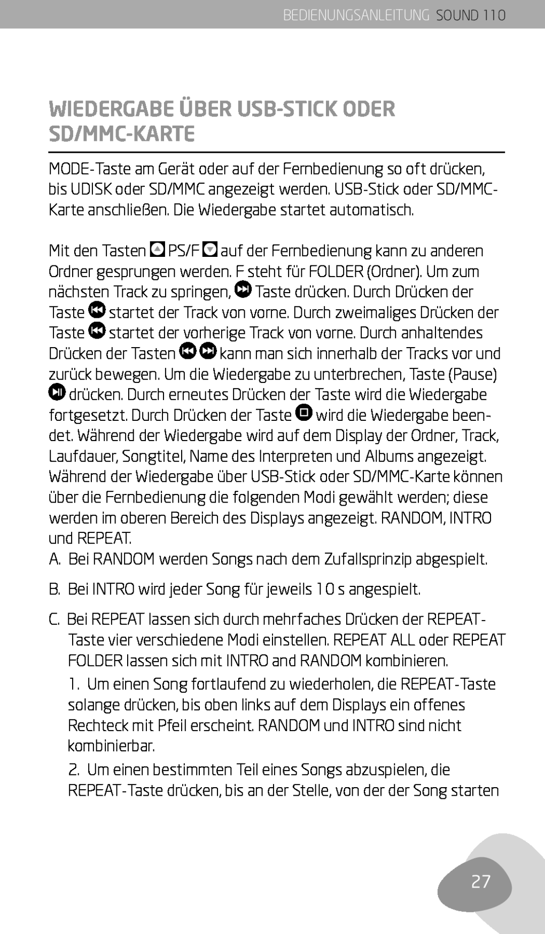 Eton 110 owner manual Wiedergabe Über Usb-Stickoder Sd/Mmc-Karte 