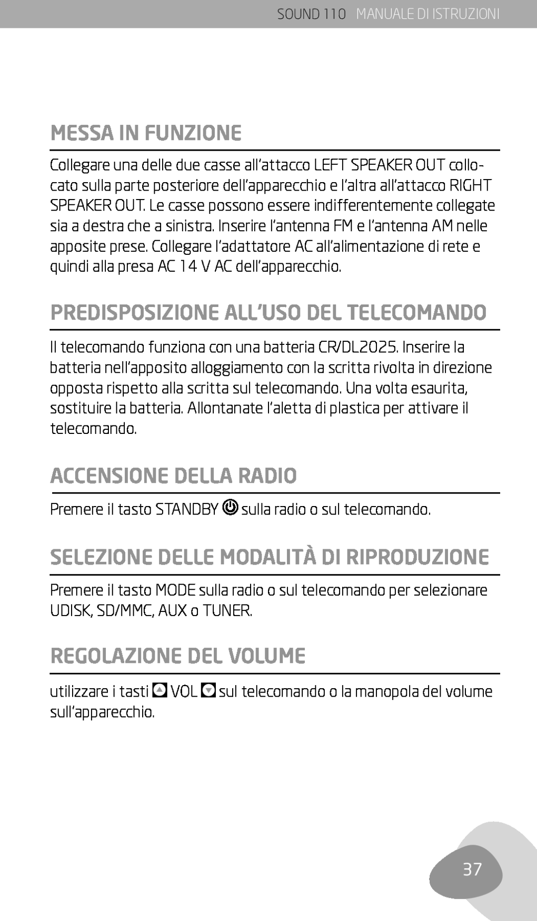 Eton 110 Messa In Funzione, Accensione Della Radio, Selezione Delle Modalità Di Riproduzione, Regolazione Del Volume 