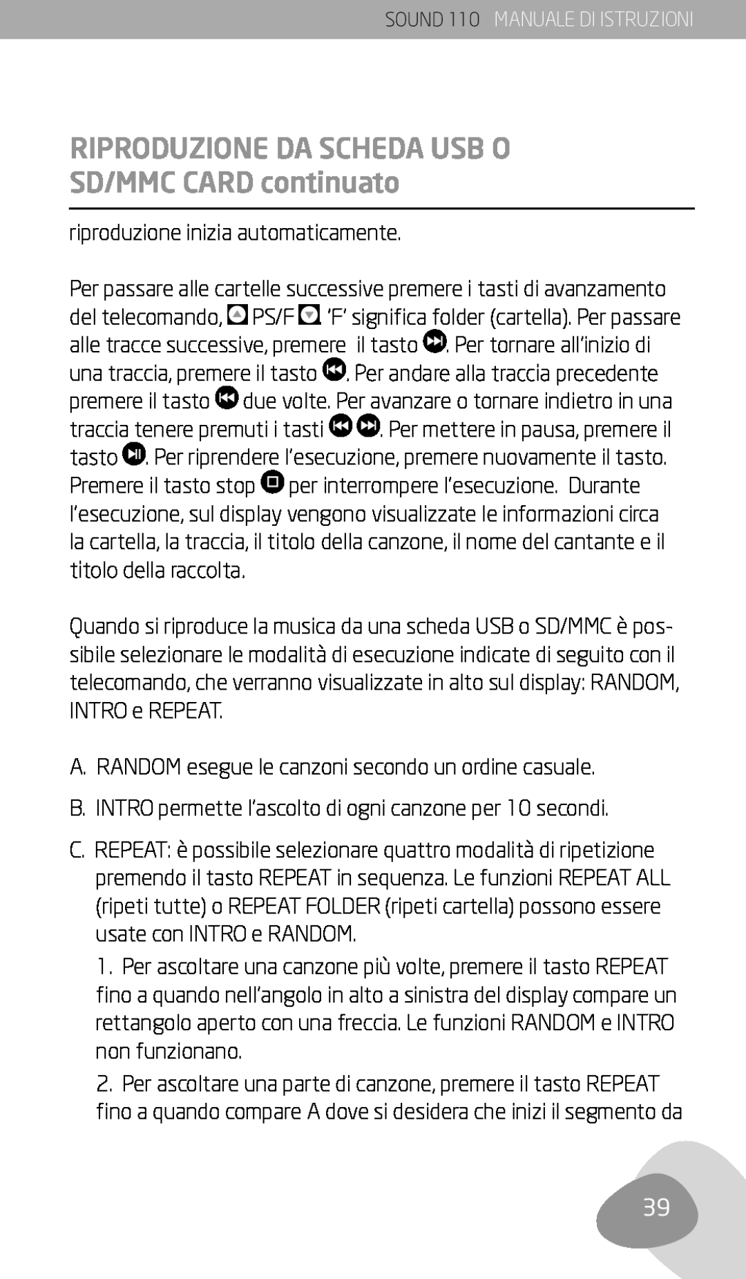 Eton 110 owner manual Riproduzione Da Scheda Usb O, SD/MMC CARD continuato 