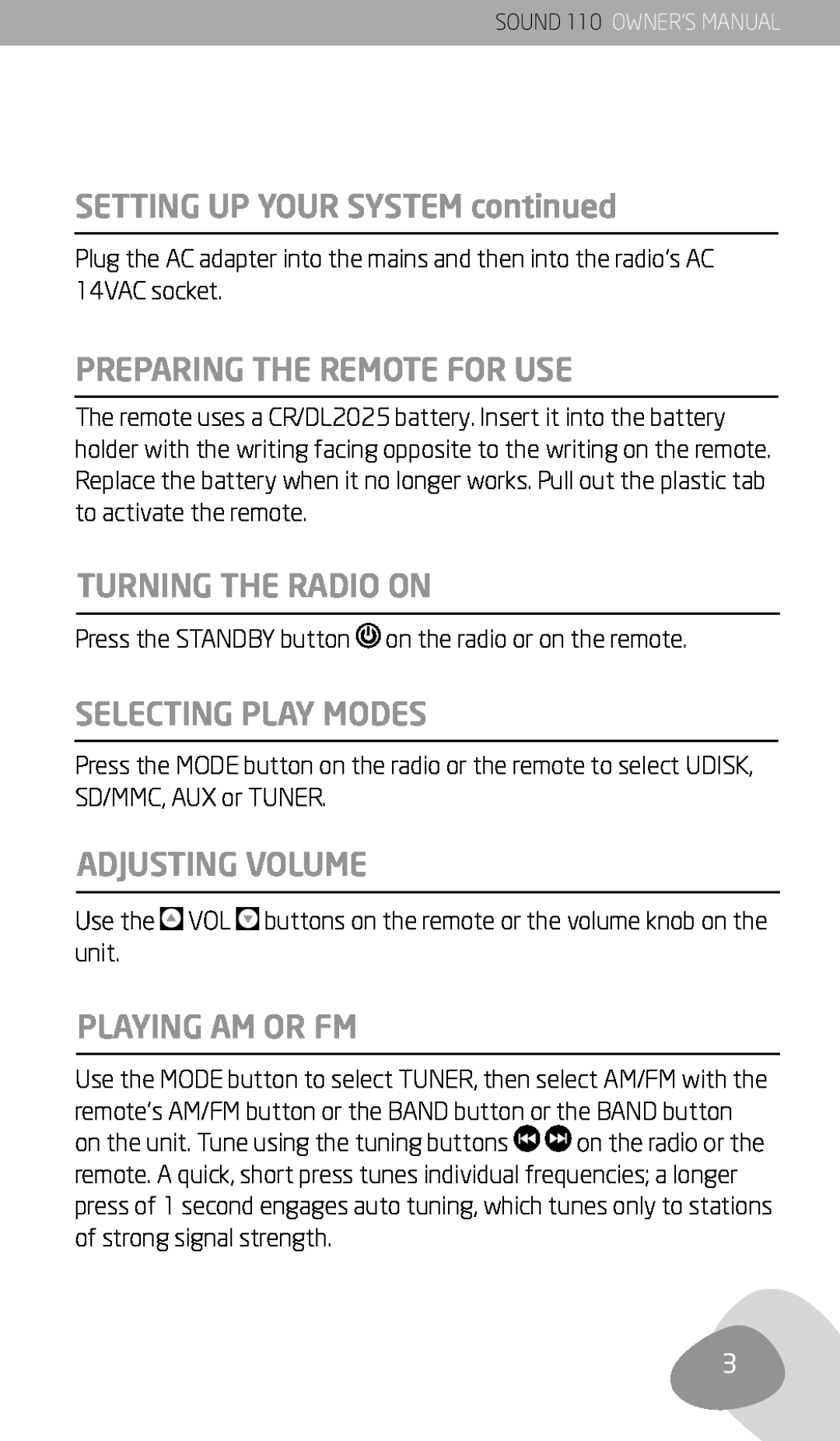 Eton 110 SETTING UP YOUR SYSTEM continued, Preparing The Remote For Use, Turning The Radio On, Selecting Play Modes 