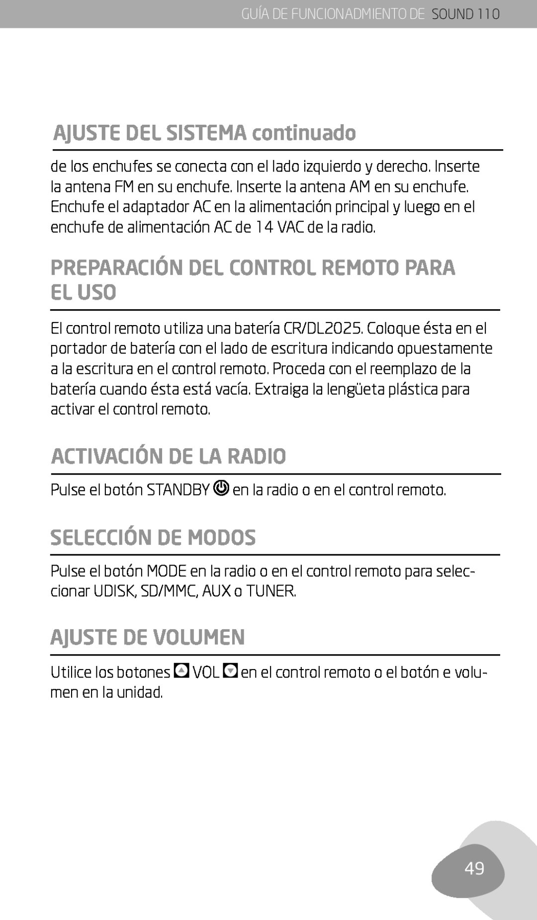 Eton 110 owner manual AJUSTE DEL SISTEMA continuado, Preparación Del Control Remoto Para El Uso, Activación De La Radio 