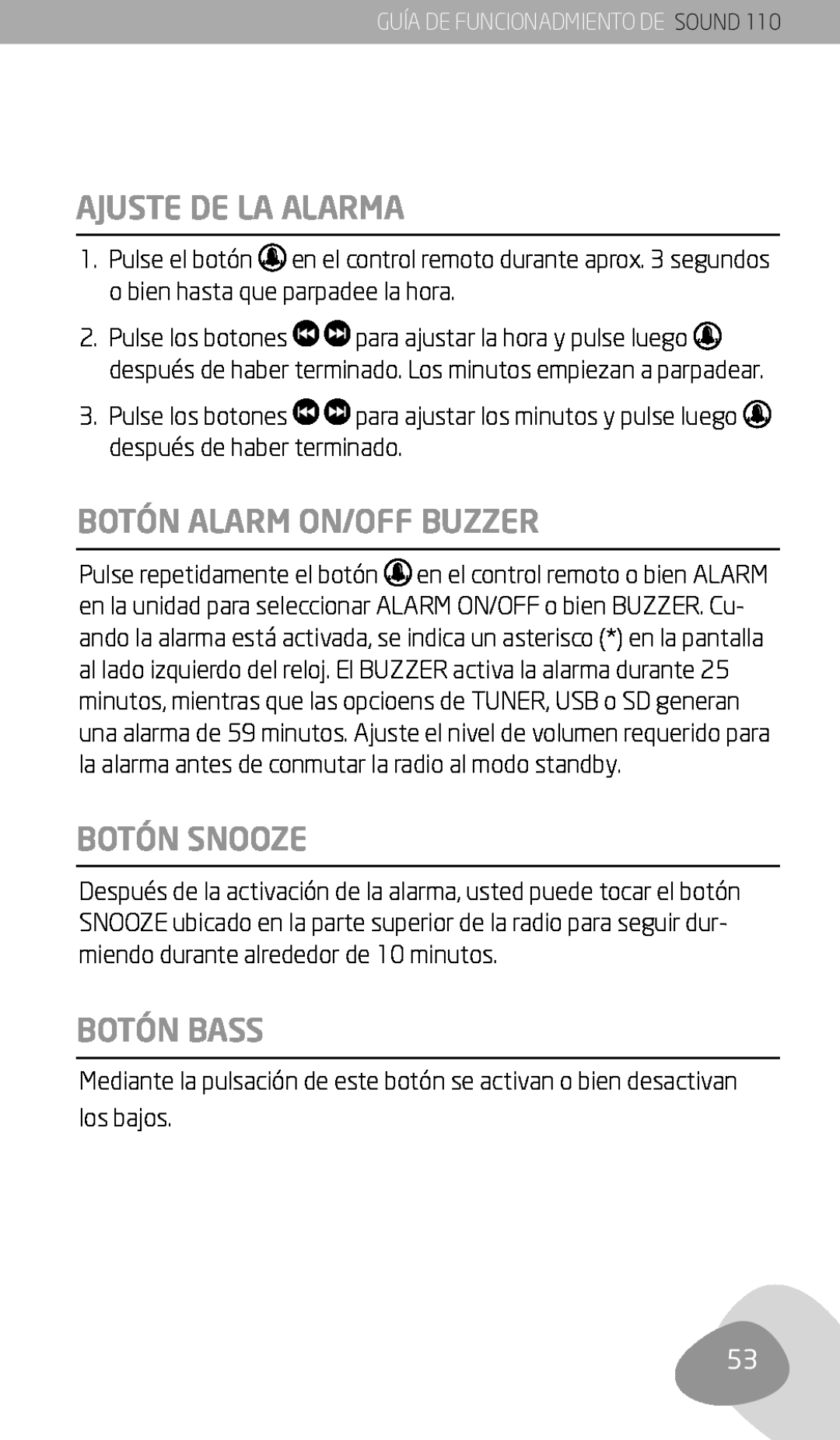 Eton 110 owner manual Ajuste De La Alarma, Botón Alarm On/Off Buzzer, Botón Snooze, Botón Bass 