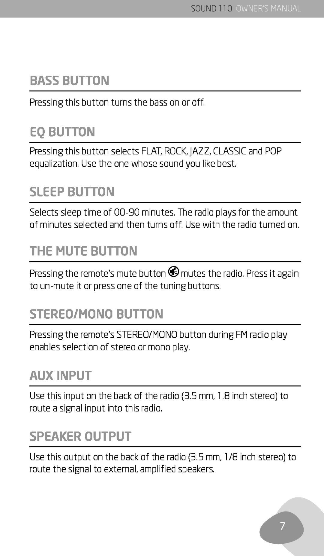 Eton 110 owner manual Bass Button, Eq Button, Sleep Button, The Mute Button, Stereo/Mono Button, Aux Input, Speaker Output 